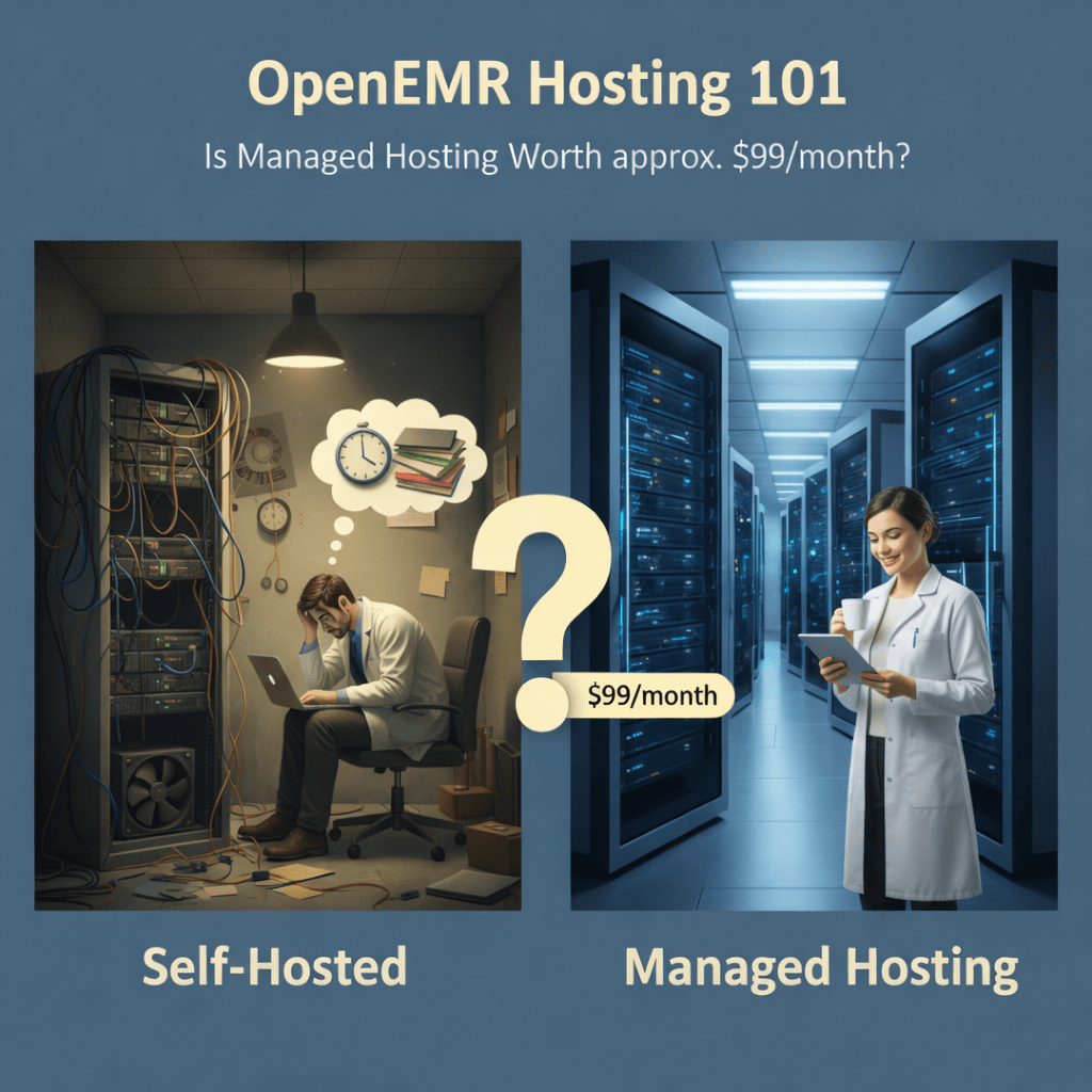 Infographic titled ‘Free EHR – Real ROI’ showing a central security shield connected to icons for clinical workflows, billing and revenue capture, primary care clinics, scheduling, cloud access, and compliance, highlighting efficiency benefits for small medical practices.
