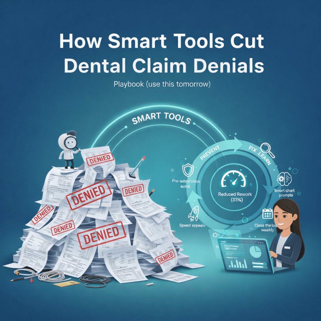 “Infographic titled ‘How Smart Tools Cut Dental Claim Denials’ showing a large pile of denied dental claims on the left and a circular smart workflow graphic on the right highlighting pre-submission scrubs, reduced rework (33%), faster appeals, and smart chart prompts to prevent and fix claim denials.”