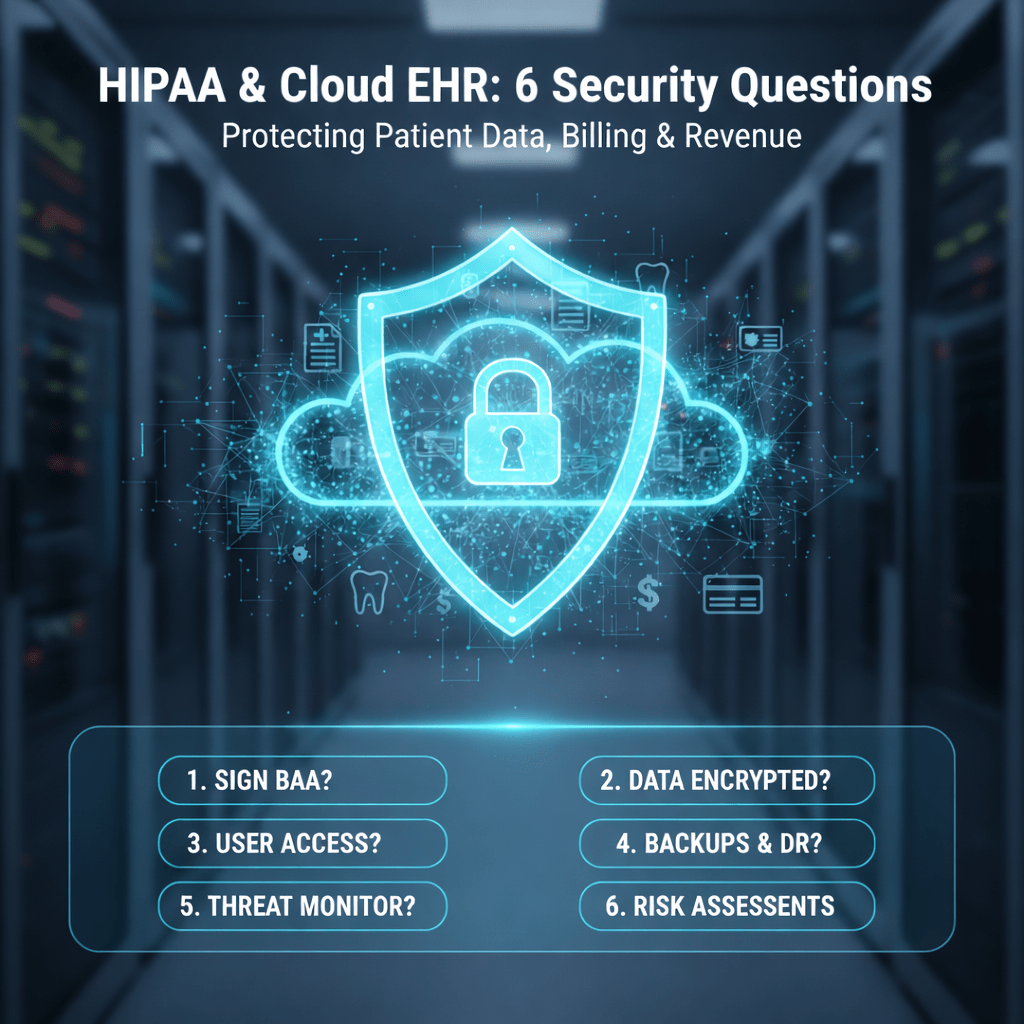 Infographic titled “HIPAA & Cloud EHR: 6 Security Questions – Protecting Patient Data, Billing & Revenue” featuring a glowing blue shield with a lock inside a cloud, displayed in a server room background. At the bottom, six security questions are listed: Sign BAA? Data Encrypted? User Access? Backups & DR? Threat Monitor? Risk Assessments.