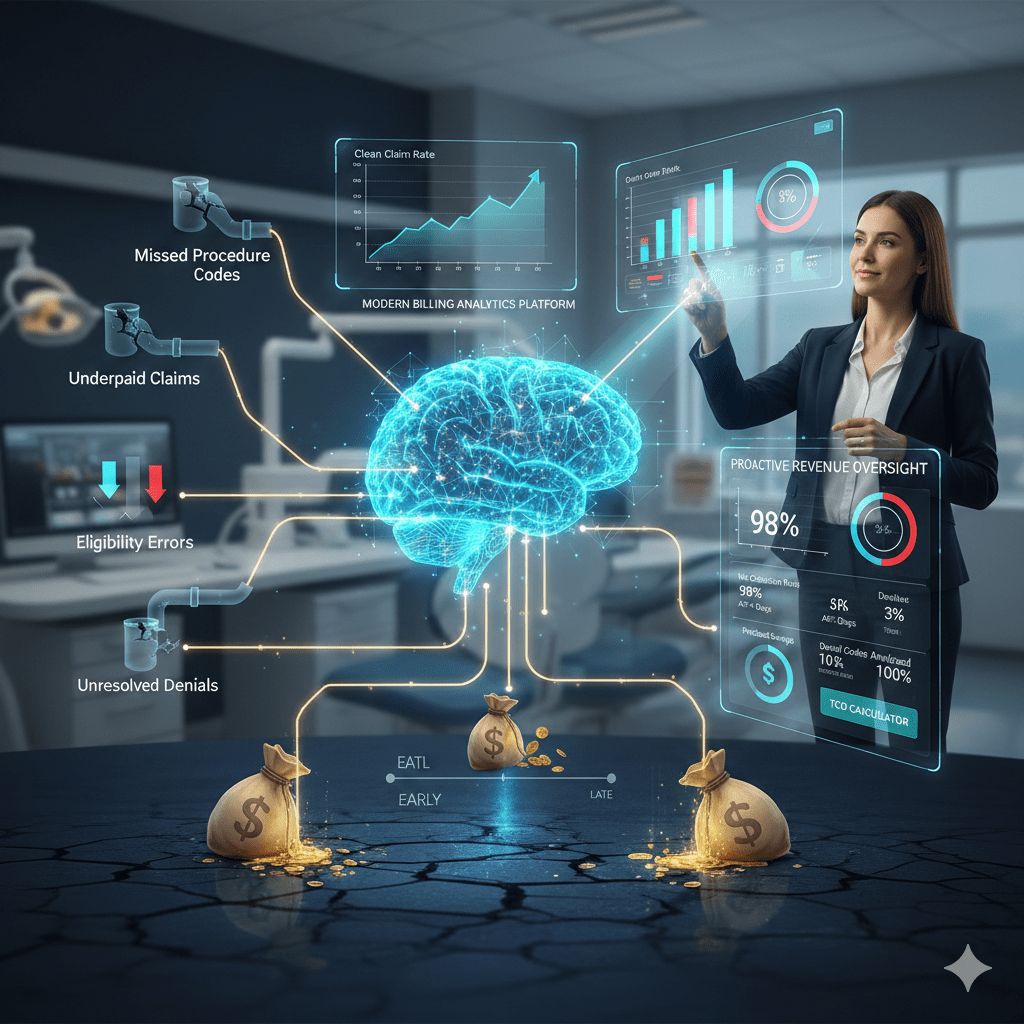 Futuristic medical office scene showing a glowing AI brain analyzing billing data dashboards, highlighting missed procedure codes, underpaid claims, eligibility errors, and unresolved denials. A professional woman interacts with digital charts displaying clean claim rate and revenue metrics, while money bags on a cracked floor symbolize financial leakage and recovery through proactive revenue oversight.