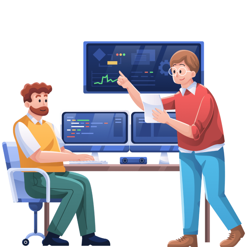 Illustration of two coders reviewing medical billing data on screen