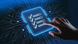 Hand selecting digital checklist on virtual screen representing dental billing coding process, accurate claim submission, insurance verification, and revenue cycle management.