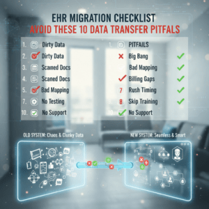 An infographic titled "EHR Migration Checklist: Avoid These 10 Data Transfer Pitfalls," featuring a side-by-side comparison of a cluttered "Old System" and a streamlined "New System" connected by a digital data transfer bridge. A central checklist highlights common migration risks such as "Dirty Data," "Bad Mapping," "Billing Gaps," and "Skip Training" with red and green status icons against a blurred clinical office background.