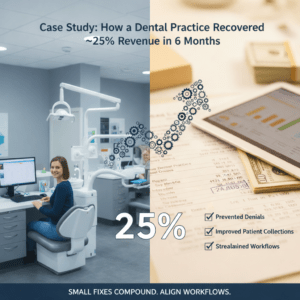 A split-screen graphic for a dental practice case study. On the left, a professional dental office setting with a staff member at a computer. On the right, a digital tablet displaying financial growth charts and a checklist highlighting "Prevented Denials," "Improved Patient Collections," and "Streamlined Workflows." A large "25%" graphic and an upward-trending arrow made of gears connect the two sides, illustrating a 25% revenue recovery over six months.