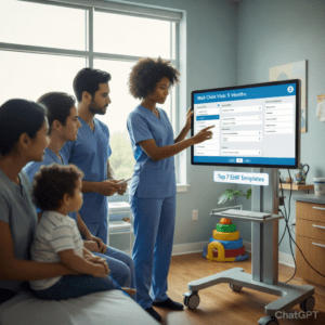 A pediatric healthcare professional stands beside a mobile monitor and points to a digital medical record during a well-child visit. The screen displays a form titled “Well-Child Visit: 9 Months” with multiple fields and sections. Two other clinicians in blue scrubs stand nearby, observing the screen. A mother and father sit on an exam bed with their young child, who is watching the presentation. The room is bright and welcoming, with a large window letting in natural light, soft blue walls, and children’s toys stacked neatly in the corner. A small cabinet with medical supplies is visible beside the monitor. The scene conveys a calm, professional environment where caregivers and medical staff collaborate using digital health technology to review a child’s care information.