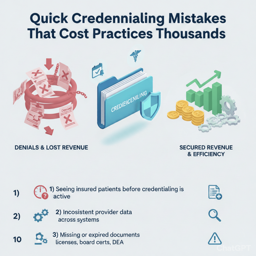 Infographic titled “Quick Credentialing Mistakes That Cost Practices Thousands” showing a comparison between “Denials & Lost Revenue” with red denial papers and broken chain graphics, and “Secured Revenue & Efficiency” with a rising bar chart, coins, and gears. It lists three mistakes: seeing insured patients before credentialing is active, inconsistent provider data across systems, and missing or expired documents such as licenses, board certifications, and DEA.