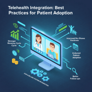 Isometric 3D infographic titled 'Telehealth Integration: Best Practices for Patient Adoption' featuring a doctor and patient in a virtual consultation on a computer screen. The image illustrates healthcare benefits like revenue cycle management, EHR and billing system integration, improved patient adoption, and better follow-ups using vibrant cyan icons and circuit-style graphics on a dark grid background.