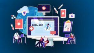 Illustration of a digital healthcare system showing EMR and EHR on a large computer screen, with medical professionals working on laptops and tablets. Surrounding icons include medical records, syringe, first aid kit, clipboard, and health symbols, representing electronic medical records and healthcare data management.