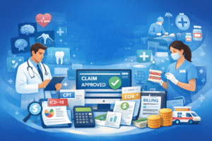 Medical specialties medical billing and coding process with insurance claim approval, ICD-10 and CPT codes