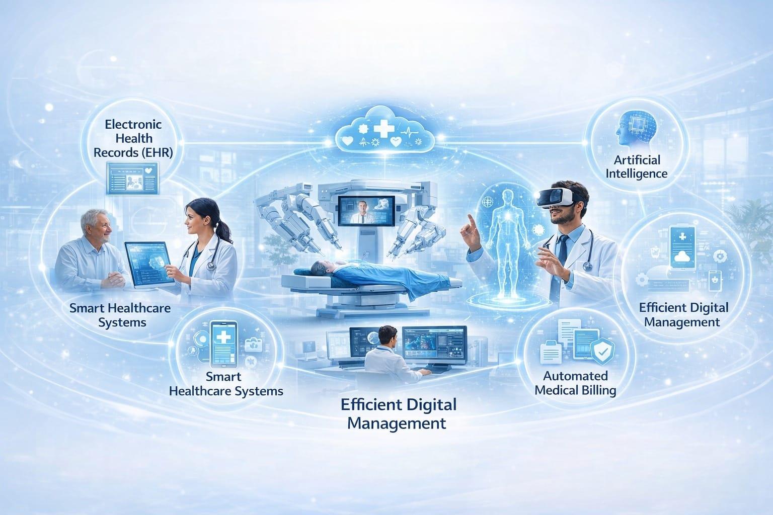 Quality Healthcare Services powered by advanced technology including EHR systems, AI, smart healthcare solutions, and digital medical billing for improved patient care and efficiency.