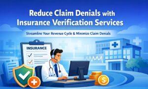**Alt Text:** Insurance Verification Services infographic showing how accurate patient data, eligibility checks, and pre-authorization help reduce claim denials, improve billing accuracy, and enhance healthcare revenue cycle management.